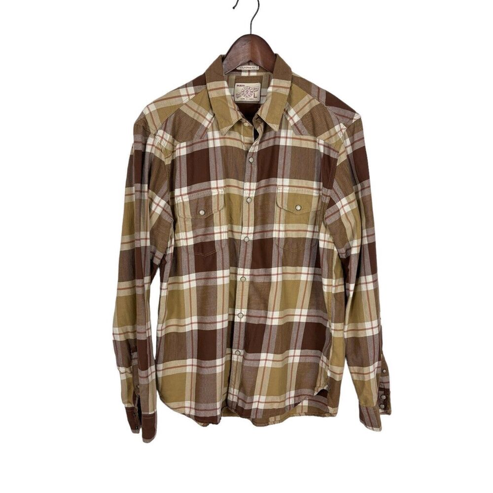 Lucky Brand California Fit Plaid Brown Pearl Snap Shirt Men's Size Large